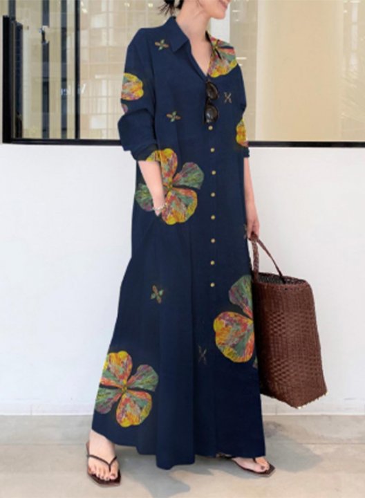 Women's Maxi Dresses Floral Long Sleeve Fit & Flare Turn Down Collar Casual Vintage Maxi Dress