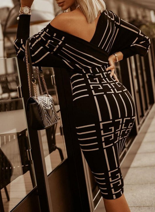 Women's Dress V Neck Long Sleeve Striped Color Block Date Party Bodycon Dress