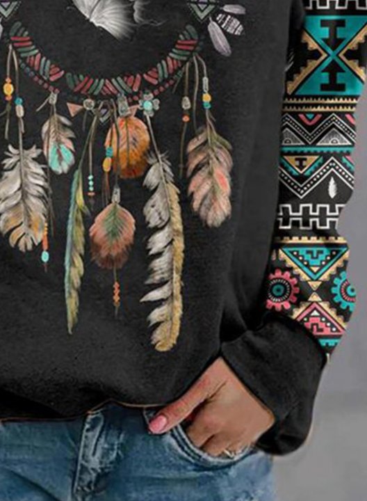 Women's Sweatshirts Geometric Tribal Multicolor Long Sleeve Round Neck Sweatshirt