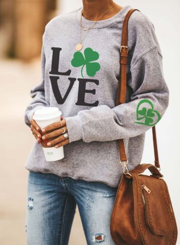 Women's Sweatshirts Four-leaf-clover Letter Print Long Sleeve Round Neck Sweatshirt