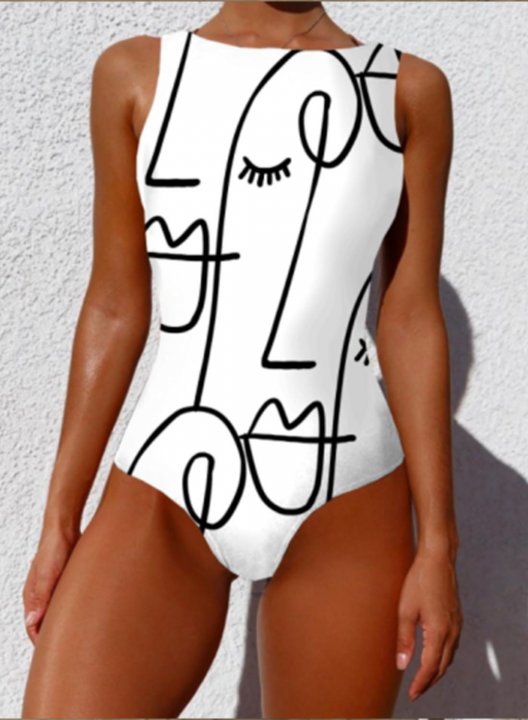 Women's One Piece Swimwear Geometric Round Neck Vintage Sporty One-Piece Swimsuits One-Piece Bathing Suits