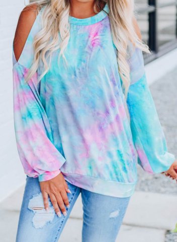 Women's Pullovers Color Block Tiedye Long Sleeve Round Neck Cold Shoulder Casual Pullover