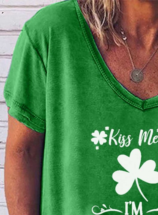 Women's T-shirts Shamrock Print Funny Kiss Me I'm Vaccinated St Patrick's Day Gift Short Sleeve V Neck Daily T-shirt