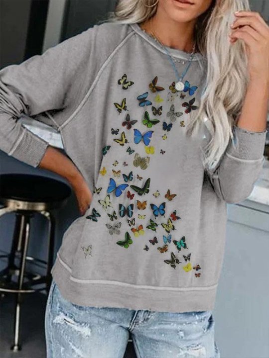 Women's Butterfly Print Casual Long Sleeve Round Neck Sweatshirt