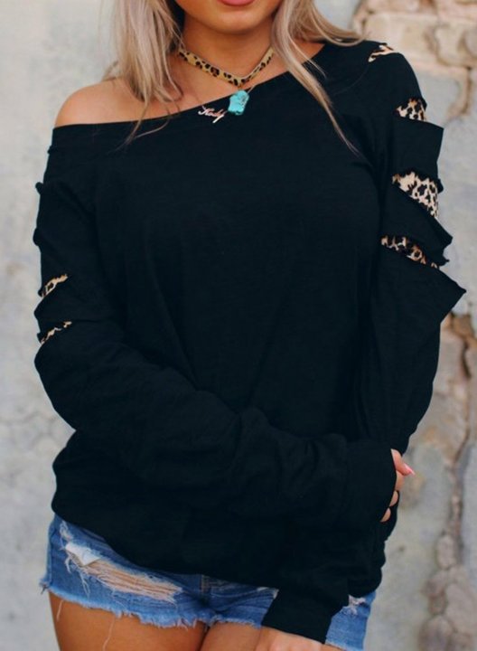 Off shoulder Leopard Solid Long Sleeve Cut out Sweatshirt