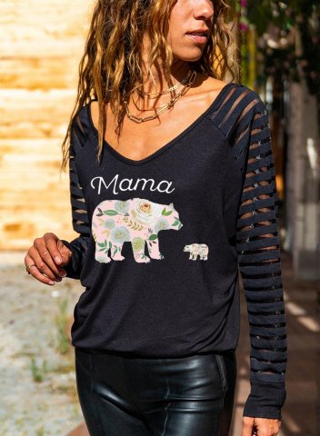 Women's T-shirts Floral Bear Letter Print Long Sleeve V Neck Daily T-shirt