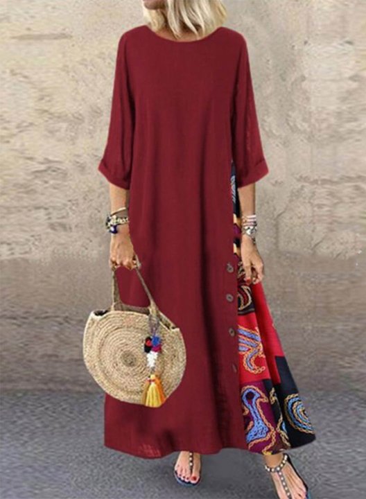 Women's Maxi Dresses Floral Multicolor 3/4 Sleeve Round Neck Boho Vintage Maxi Dress