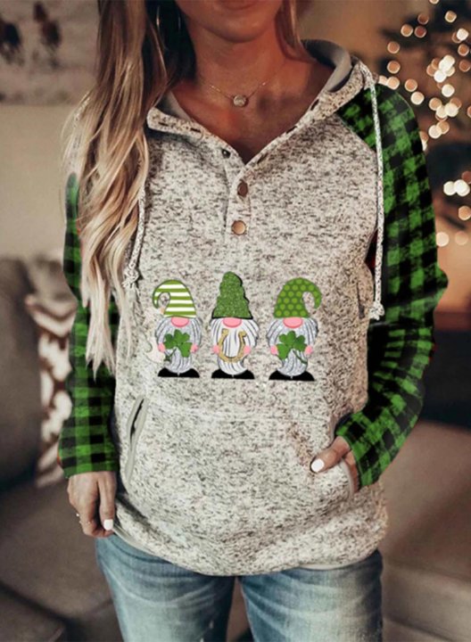 Women's Saint Patrick's Day Hoodies Drawstring Plaid Button Long Sleeve Color Block Pocket Hoodies