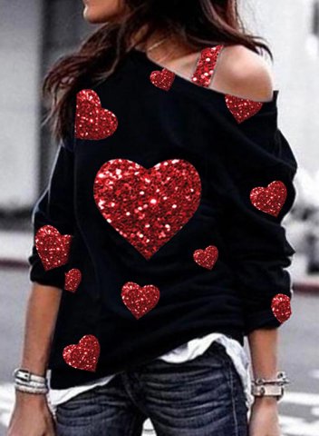 Women's Sequin Love Print Sweatshirts Round Neck Long Sleeve Asymmetrical Shoulder Solid Love Pattern Sequin Sweatshirts