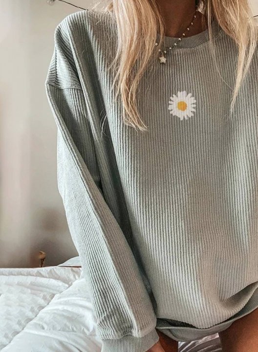 Solid Round Neck Little Daisy Long Sleeve Sweatshirt