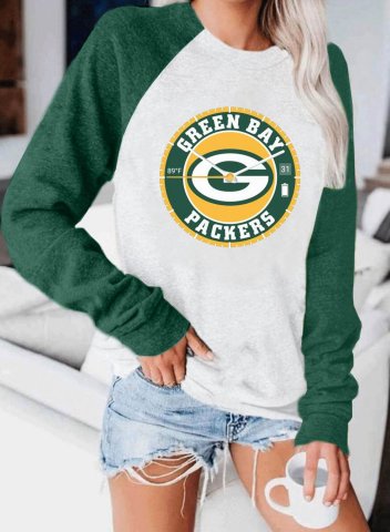 Women's Green Bay Packers Sweatshirt Casual Color Block Letter Round Neck Long Sleeve Daily T-Shirt