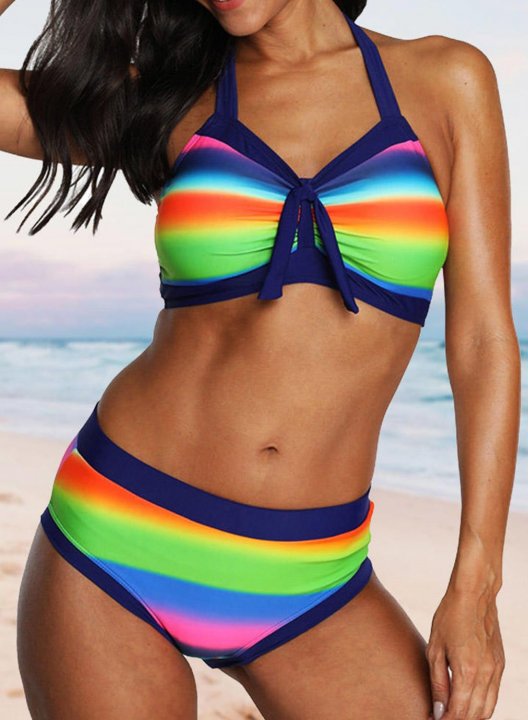 Women's Bikinis Color Block Striped Sleeveless Adjustable Wire-free Halter Padded Knot Vacation Bikini