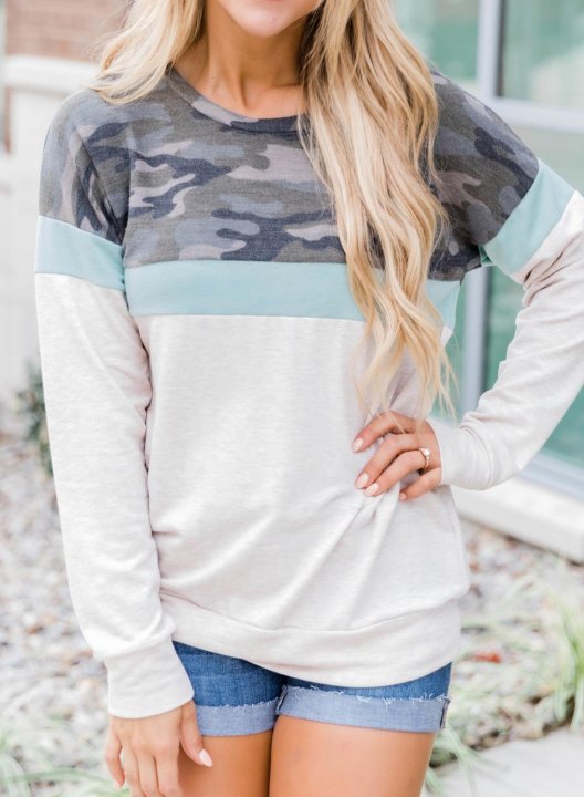 Camouflage/Color Block Long Sleeve Round Neck Basic Sweatshirt