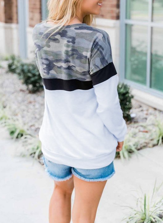 Camouflage/Color Block Long Sleeve Round Neck Basic Sweatshirt