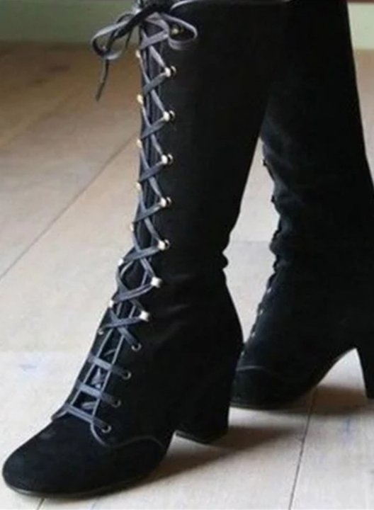 Women's Boots Solid Lace-up Chunky Heels Side Zipper Boots