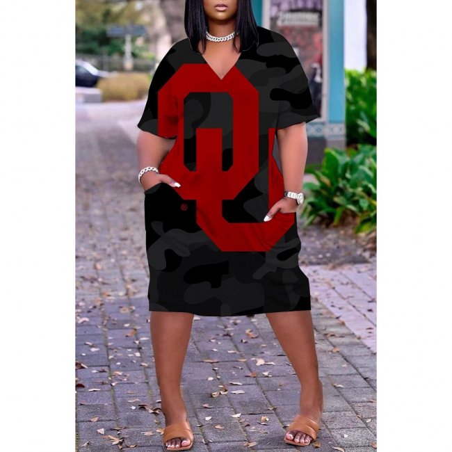 NCAAF Women's Oklahoma Sooners Printed V-neck Casual Pocket Dress