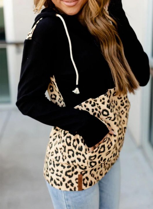 Color Block Leopard Camouflage Zip Front Hoodie