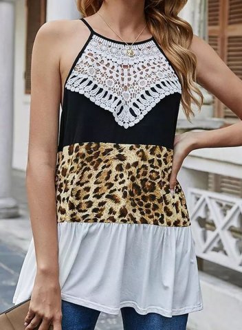 Women's Tank Tops Leopard Color Block Lace Halter Sleeveless Summer Daily Casual Tops