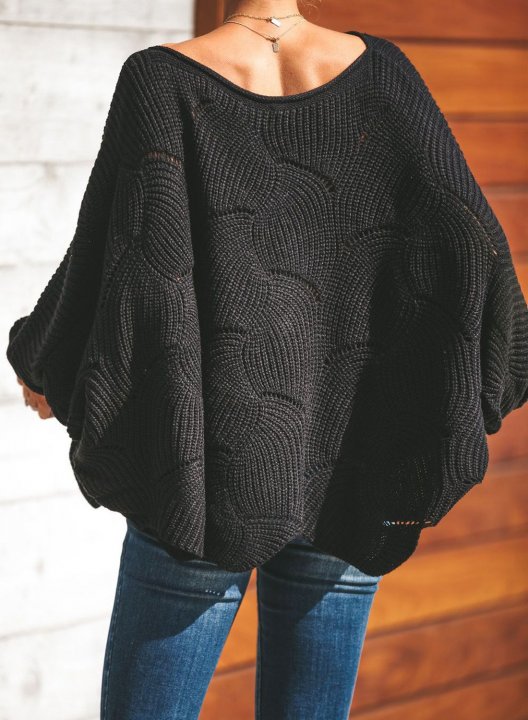 Women's Sweaters Wave Hem Long Batwing Sleeve Hollow Out Elegant Sweaters