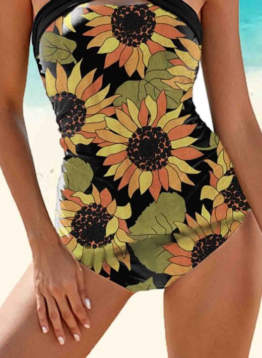 Women's One-Piece Swimsuits One-Piece Bathing Suits Criss Cross Cold Shoulder Sunflower-prints Off Shoulder Vintage One-Piece Swimsuit