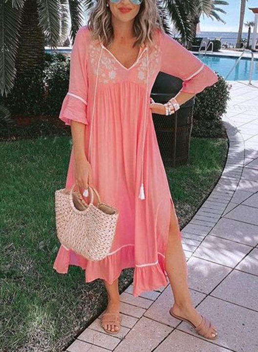 Women's Midi Dresses Solid 3/4 Sleeve V Neck Vacation Beach Boho Ruffle Fringe Embroidery Dress