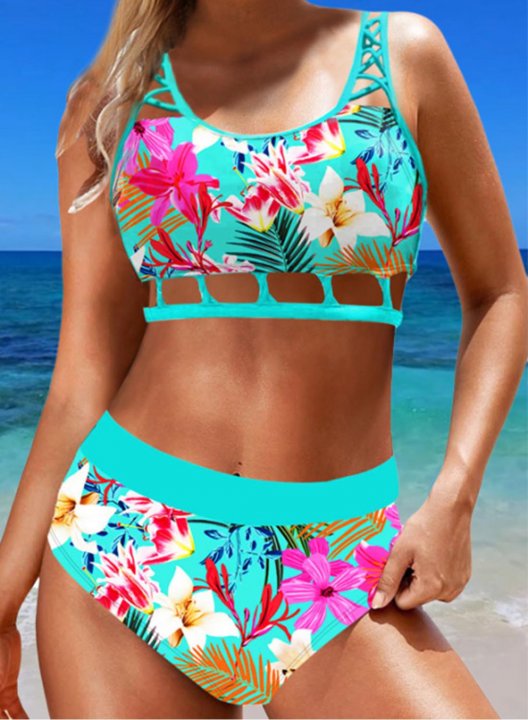 Women's Bikinis Floral Color Block Sleeveless Unadjustable Wire-free Spaghetti Vacation Bikini