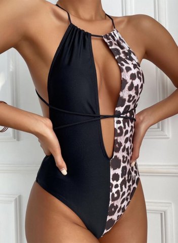 Women's One Piece Swimwear Color Block Leopard Halter Belted Drawstring One-Piece Swimsuit