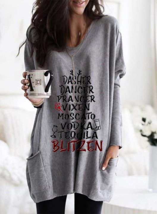 Women's T-shirts Casual Letter Solid Letter V Neck Long Sleeve Daily Pocket Tunic Tops