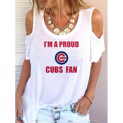 Round Neck Chicago Cubs Print Off-shoulder Short-sleeved Loose T-shirt