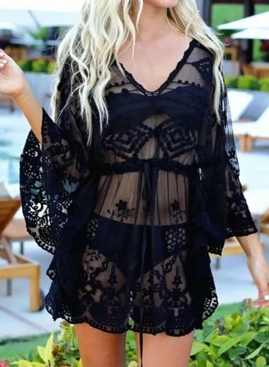 Women's Mini Dress Solid Lace Fit & Flare V Neck Long Sleeve Vacation Beach Mini Dress