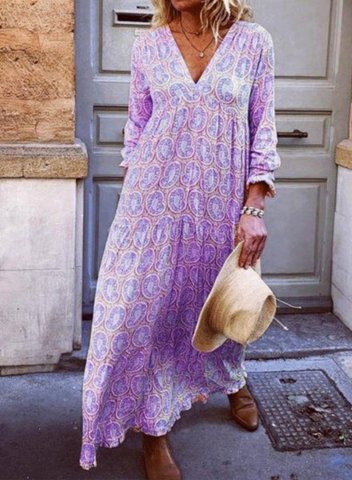 Women's Maxi Dresses Floral Long Sleeve V Neck Casual Boho Maxi Dress