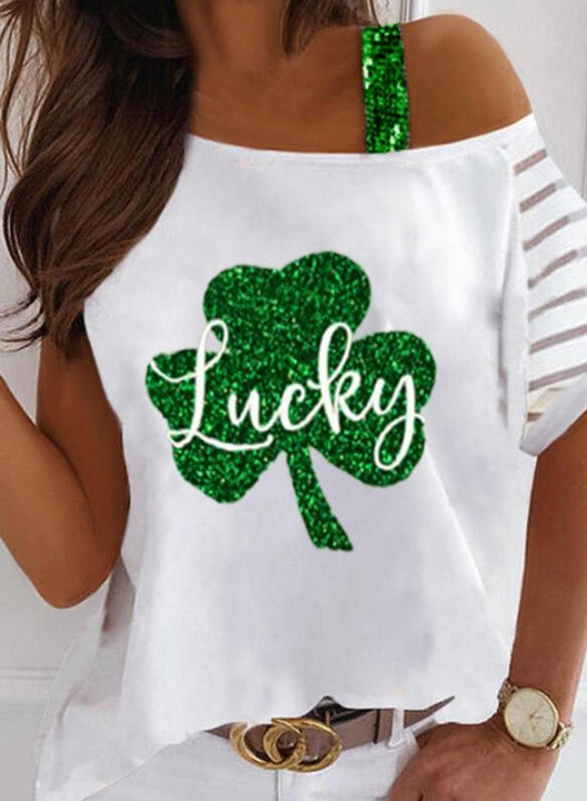 Women's St Patrick's Day T-shirts Color Block Letter Print Sequin Short Sleeve One-shoulder T-shirt