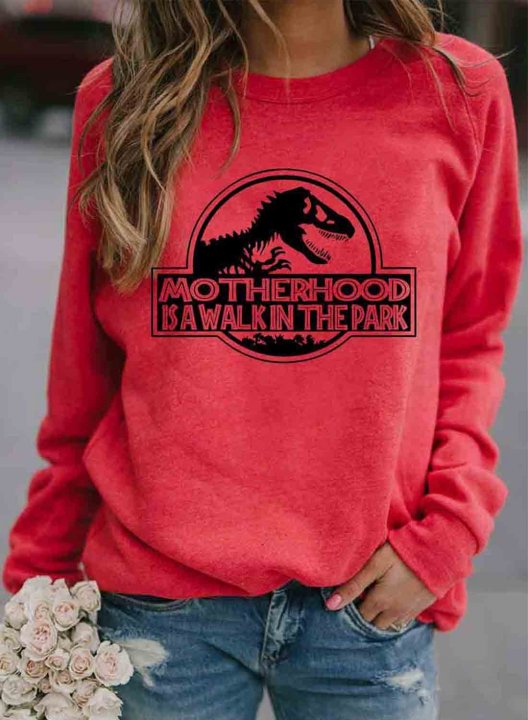 Women Solid Dinosaur Letter Print Casual Sweatshirt