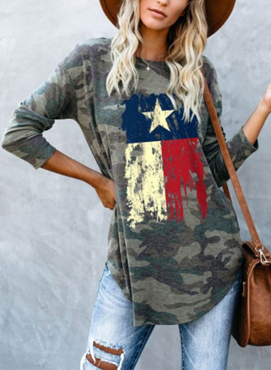 Women's Texas Independence Day Tunic Tops Camouflage Flag Round Neck Long Sleeve Daily Casual Tunics