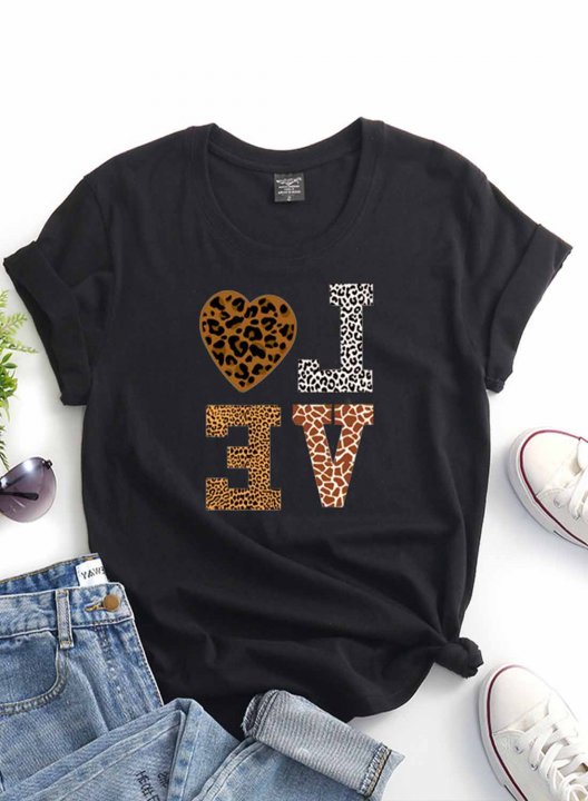 Women's T-shirts Solid Leopard Letter Short Sleeve Round Neck Daily T-shirt