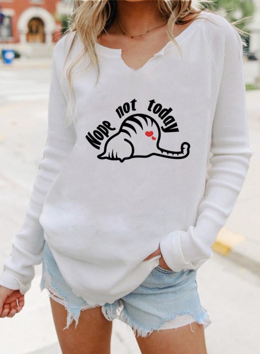 Women's T-shirts Nope Not Today Cute Cat Print Long Sleeve V Neck Daily T-shirt