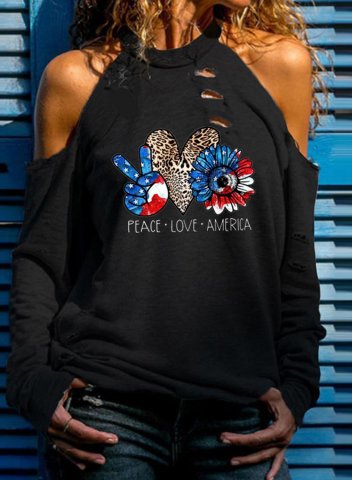 Women's Face Love America Print Sweatshirts Floral Leopard Letter Heart-shaped Long Sleeve Cold Shoulder Pullover