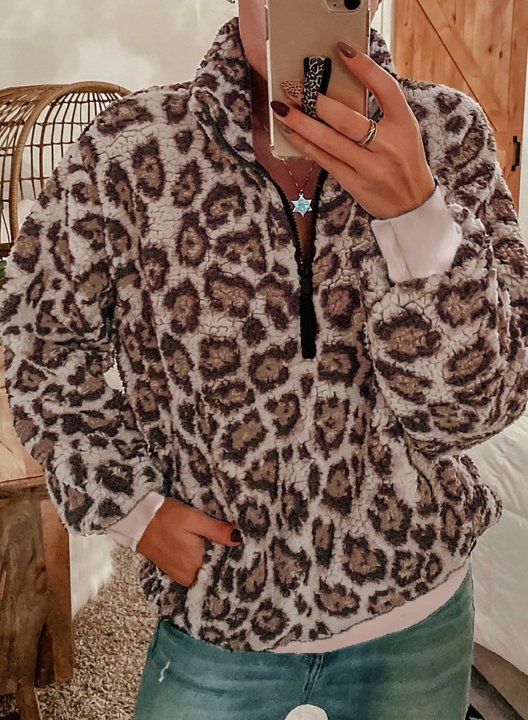 Leopard Long Sleeve High Neck Zip Sweatshirt