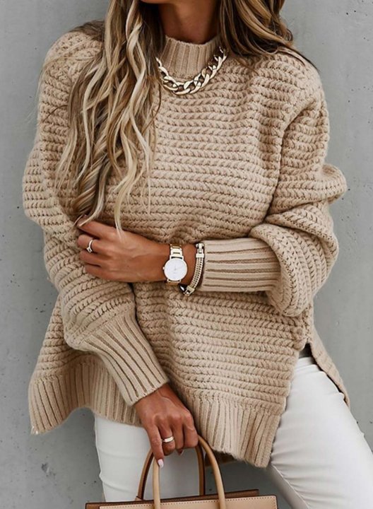 Women's Sweater Crew Neck Long Sleeve Solid Split Sweater