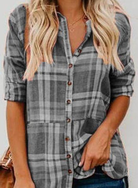 Women's Shirts Plaid Color Block Long Sleeve Turn Down Collar Casual Shirts