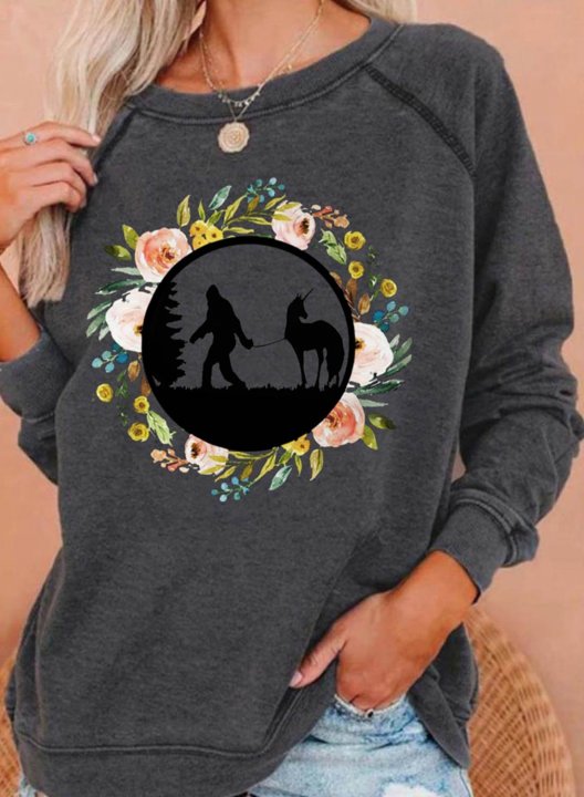 Women's Sweatshirts Floral Bigfoot Print Print Long Sleeve Round Neck Sweatshirt