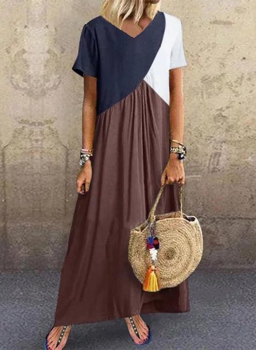 Women's Maxi Dresses Color Block Short Sleeve A-line V Neck Casual Daily Maxi Dress