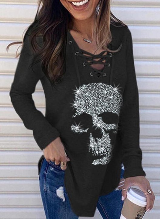 Women's Tunic Tops Rhinestones Solid V Neck Long Sleeve Criss Cross Casual Daily Tunics