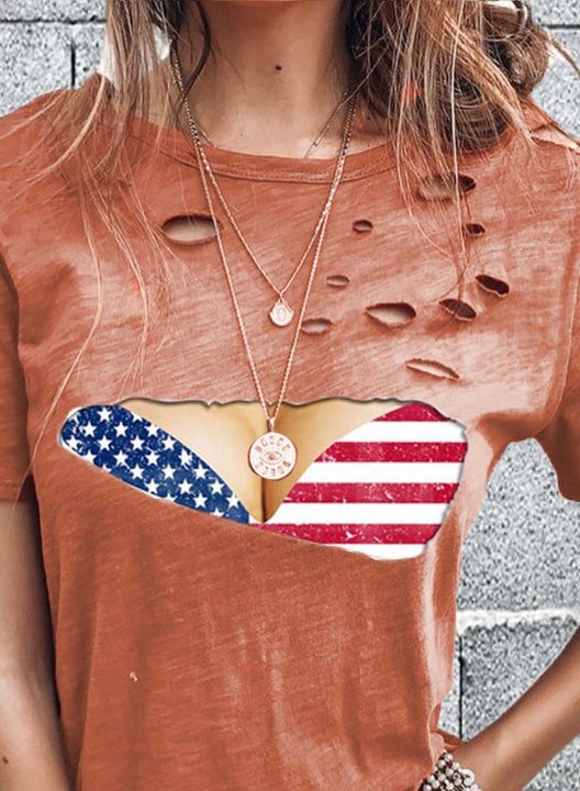 Women's T-shirts Flag Abstract Print Short Sleeve Round Neck Daily Cut-out T-shirt