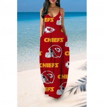 V-neck Kansas City Chiefs Print Sleeveless Sling Long Loose Dress