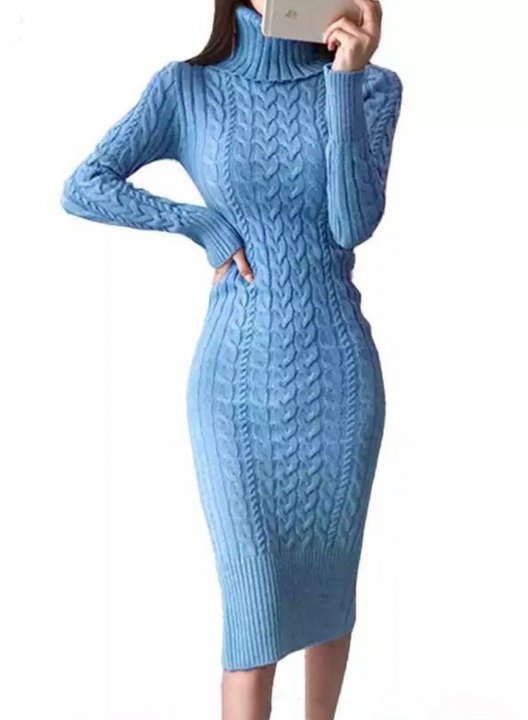 Women's Sweater Dress High Neck Long Sleeve Bodycon Solid Knitted Twisted Casual Dress