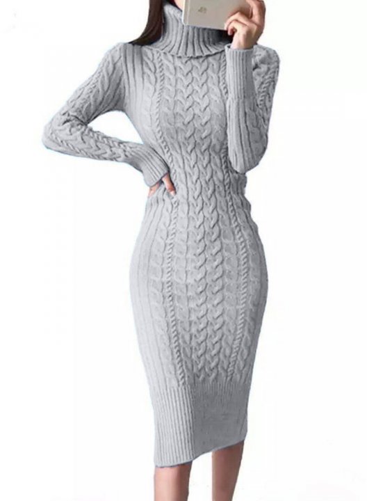 Women's Sweater Dress High Neck Long Sleeve Bodycon Solid Knitted Twisted Casual Dress