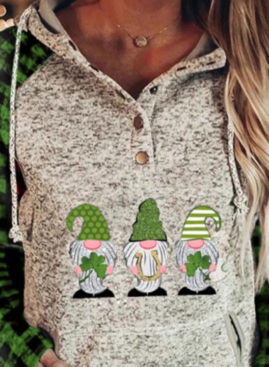 Women's Saint Patrick's Day Hoodies Drawstring Plaid Button Long Sleeve Color Block Pocket Hoodies