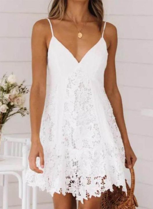 Women's Mini Dress Solid Lace A-line Sleeveless V Neck Summer Daily Mini Dress