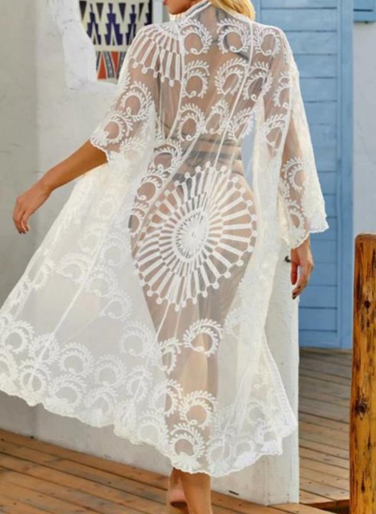 Women's Cover-ups Solid Tropical Lace V Neck Long Sleeve Open Front Embroidery Boho Vintage Daily Vacation Beach Cover-ups